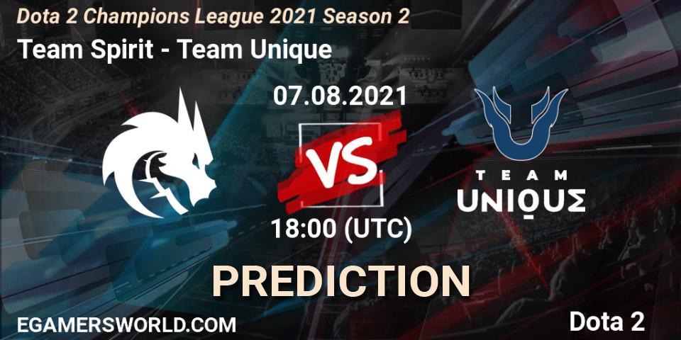 Prognose für das Spiel Team Spirit VS Team Unique. 07.08.2021 at 17:59. Dota 2 - Dota 2 Champions League 2021 Season 2
