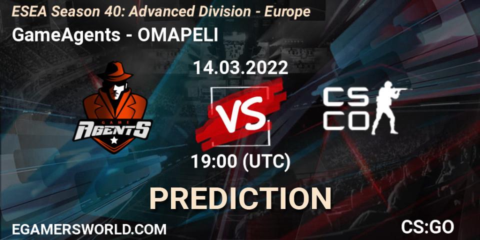 Prognose für das Spiel GameAgents VS OMAPELI. 14.03.2022 at 19:00. Counter-Strike (CS2) - ESEA Season 40: Advanced Division - Europe