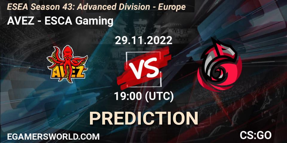 Prognose für das Spiel AVEZ VS ESCA Gaming. 29.11.22. CS2 (CS:GO) - ESEA Season 43: Advanced Division - Europe