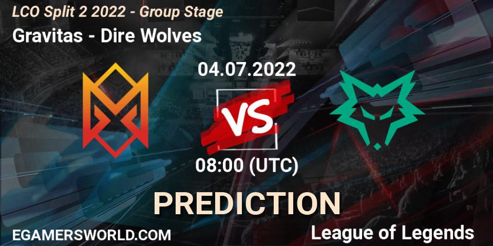 Prognose für das Spiel Gravitas VS Dire Wolves. 04.07.2022 at 08:00. LoL - LCO Split 2 2022 - Group Stage
