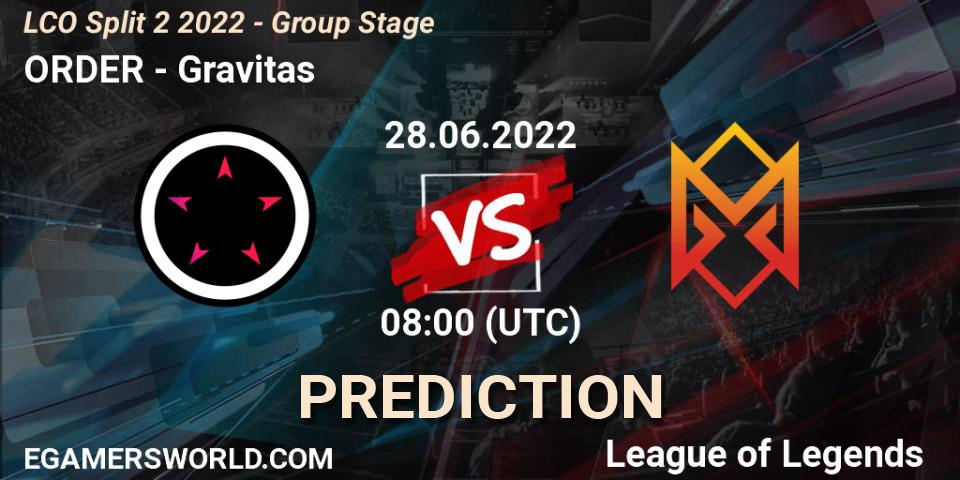 Prognose für das Spiel ORDER VS Gravitas. 28.06.22. LoL - LCO Split 2 2022 - Group Stage