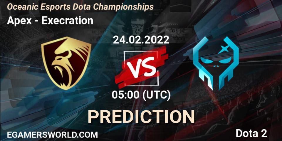 Prognose für das Spiel Apex VS Execration. 24.02.2022 at 05:12. Dota 2 - Oceanic Esports Dota Championships