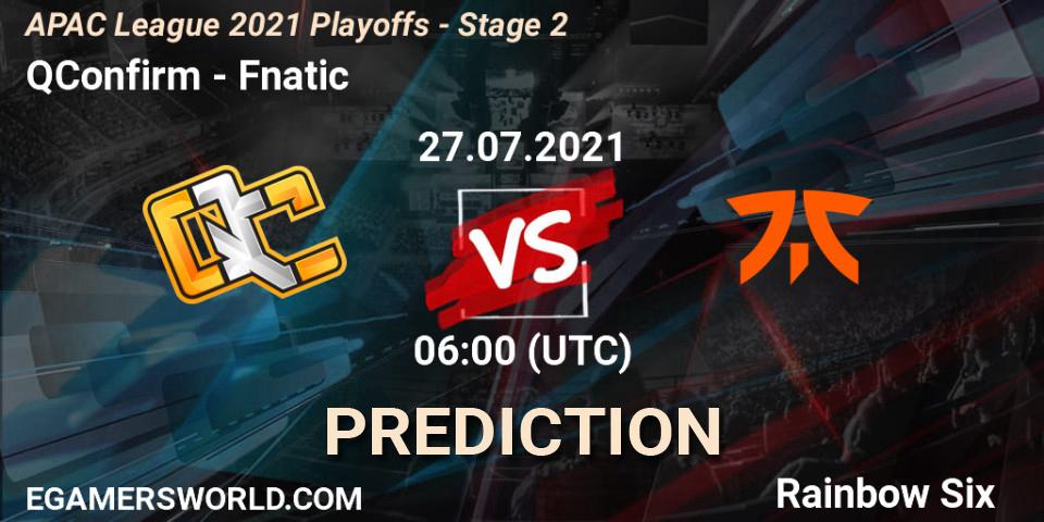 Prognose für das Spiel QConfirm VS Fnatic. 27.07.2021 at 06:00. Rainbow Six - APAC League 2021 Playoffs - Stage 2