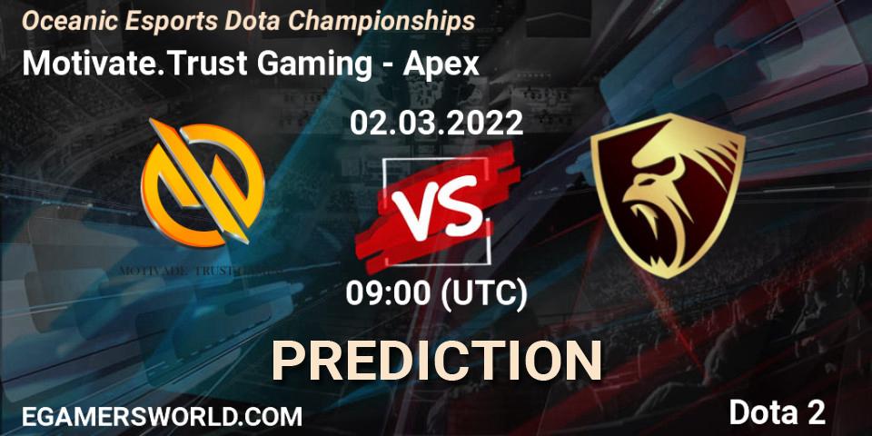 Prognose für das Spiel Motivate.Trust Gaming VS Apex. 01.03.2022 at 08:18. Dota 2 - Oceanic Esports Dota Championships