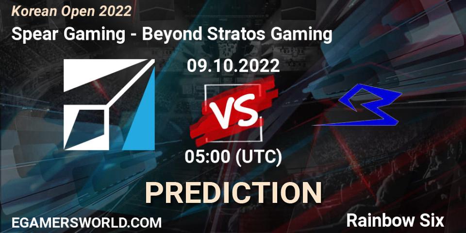 Prognose für das Spiel Spear Gaming VS Beyond Stratos Gaming. 09.10.2022 at 05:00. Rainbow Six - Korean Open 2022