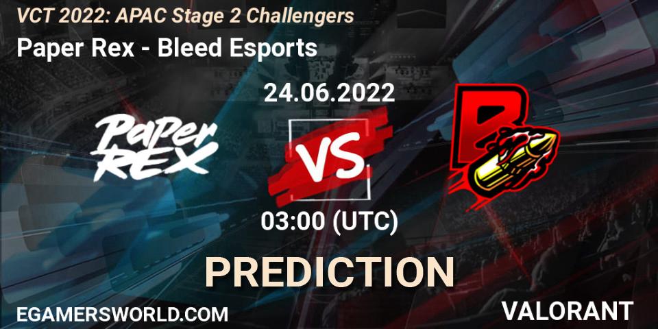 Prognose für das Spiel Paper Rex VS Bleed Esports. 24.06.2022 at 03:00. VALORANT - VCT 2022: APAC Stage 2 Challengers