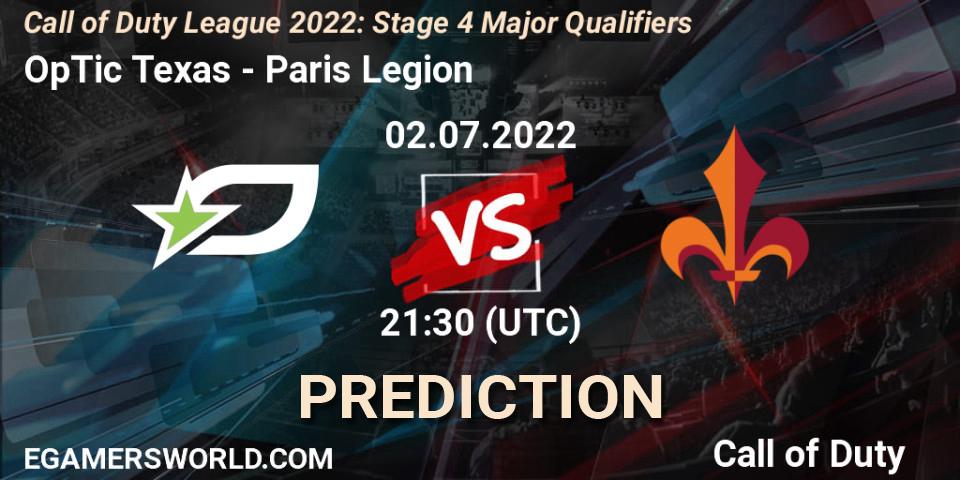 Prognose für das Spiel OpTic Texas VS Paris Legion. 02.07.2022 at 20:30. Call of Duty - Call of Duty League 2022: Stage 4