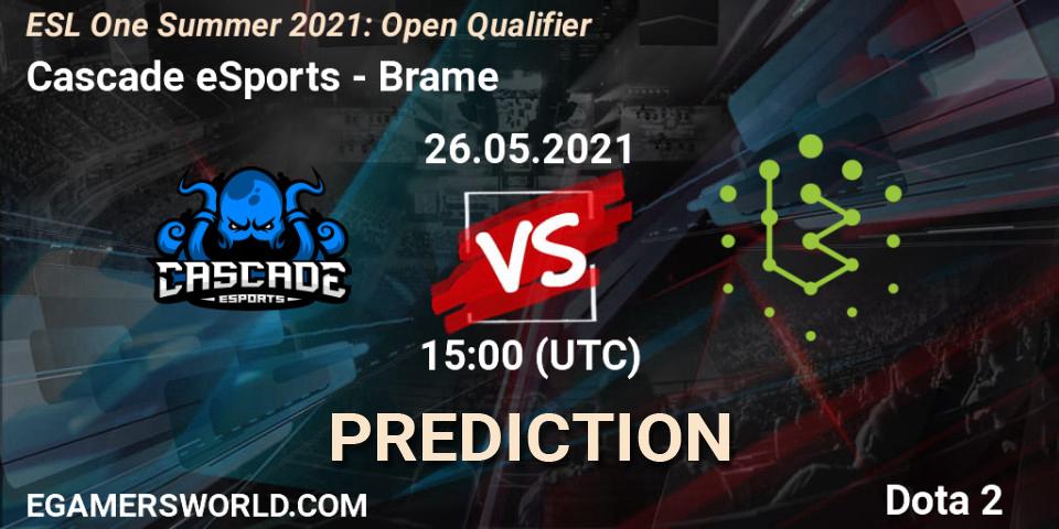 Prognose für das Spiel Cascade eSports VS Brame. 26.05.2021 at 15:12. Dota 2 - ESL One Summer 2021: Open Qualifier