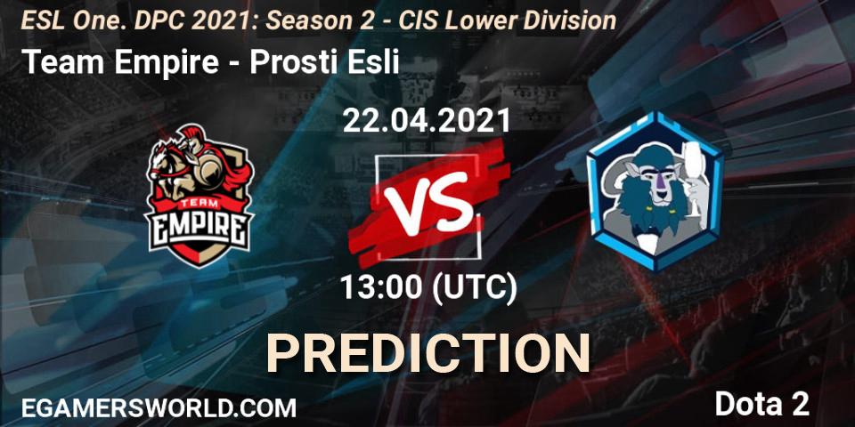 Prognose für das Spiel Team Empire VS Prosti Esli. 22.04.2021 at 12:55. Dota 2 - ESL One. DPC 2021: Season 2 - CIS Lower Division
