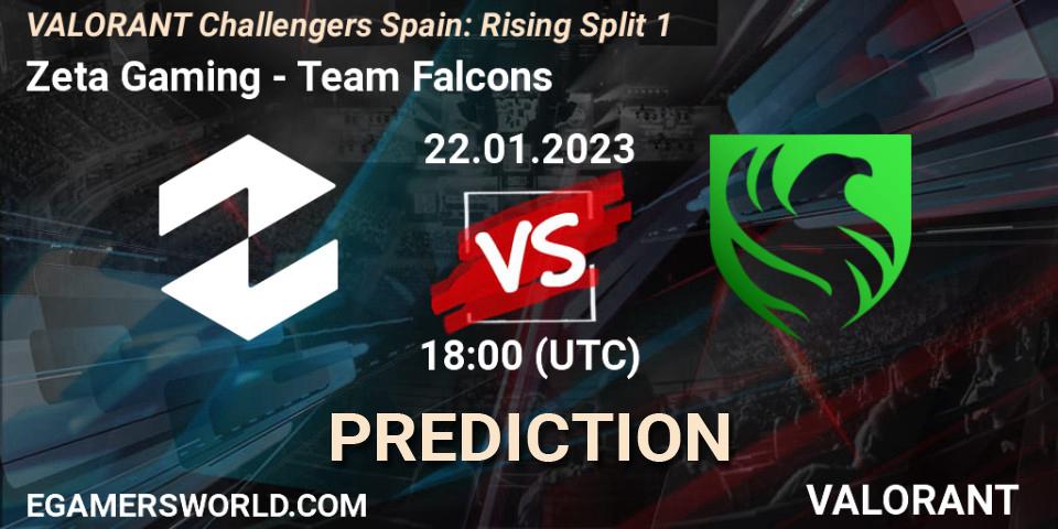 Prognose für das Spiel Zeta Gaming VS Falcons. 17.01.2023 at 18:30. VALORANT - VALORANT Challengers 2023 Spain: Rising Split 1