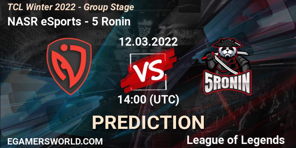 Prognose für das Spiel NASR eSports VS 5 Ronin. 12.03.2022 at 14:00. LoL - TCL Winter 2022 - Group Stage