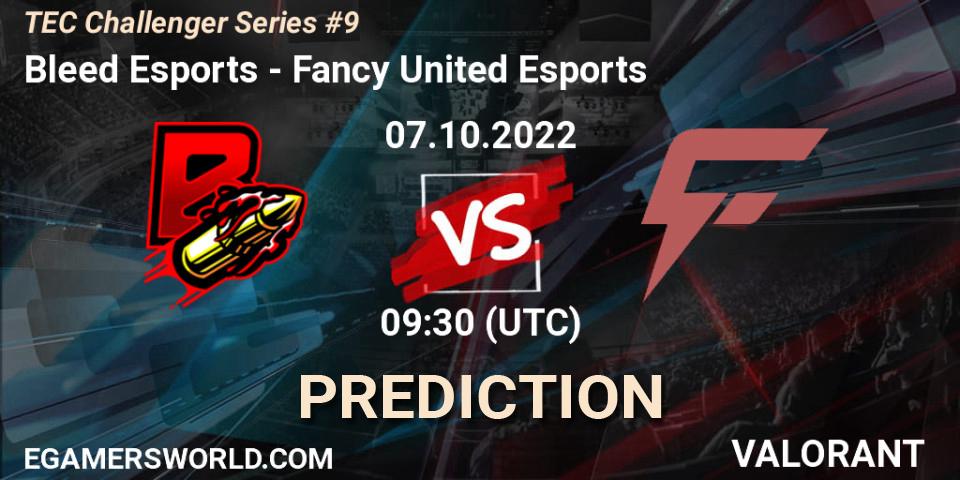 Prognose für das Spiel Bleed Esports VS Fancy United Esports. 07.10.2022 at 09:50. VALORANT - TEC Challenger Series #9