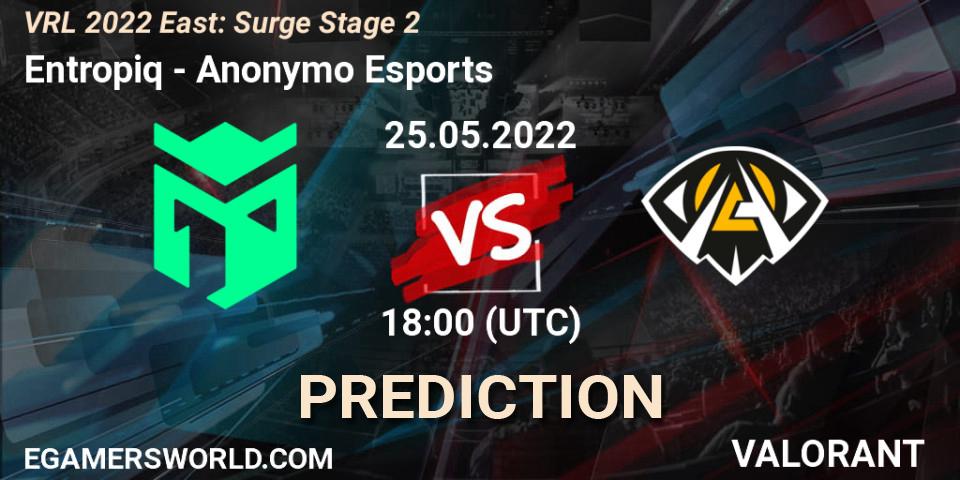 Prognose für das Spiel Entropiq VS Anonymo Esports. 25.05.2022 at 19:00. VALORANT - VRL 2022 East: Surge Stage 2