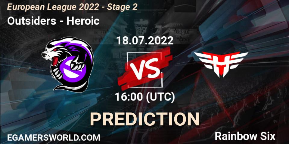 Prognose für das Spiel Outsiders VS Heroic. 18.07.2022 at 17:00. Rainbow Six - European League 2022 - Stage 2