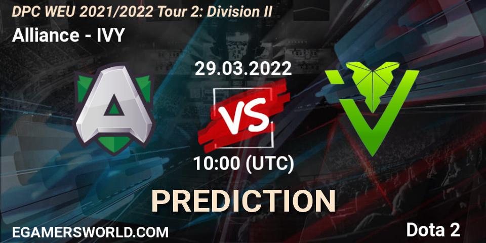 Prognose für das Spiel Alliance VS IVY. 29.03.22. Dota 2 - DPC 2021/2022 Tour 2: WEU Division II (Lower) - DreamLeague Season 17