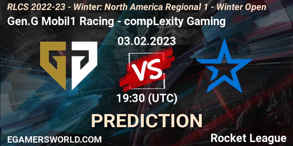 Prognose für das Spiel Gen.G Mobil1 Racing VS compLexity Gaming. 03.02.2023 at 19:30. Rocket League - RLCS 2022-23 - Winter: North America Regional 1 - Winter Open