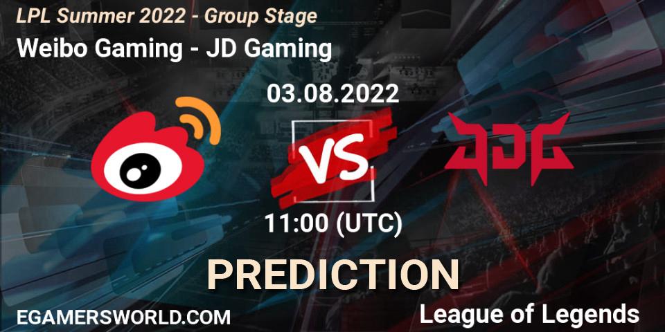 Prognose für das Spiel Weibo Gaming VS JD Gaming. 03.08.2022 at 12:00. LoL - LPL Summer 2022 - Group Stage