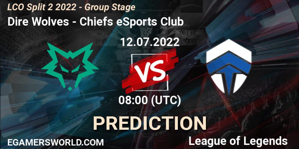 Prognose für das Spiel Dire Wolves VS Chiefs eSports Club. 12.07.2022 at 08:00. LoL - LCO Split 2 2022 - Group Stage