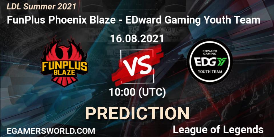 Prognose für das Spiel FunPlus Phoenix Blaze VS EDward Gaming Youth Team. 16.08.2021 at 10:40. LoL - LDL Summer 2021
