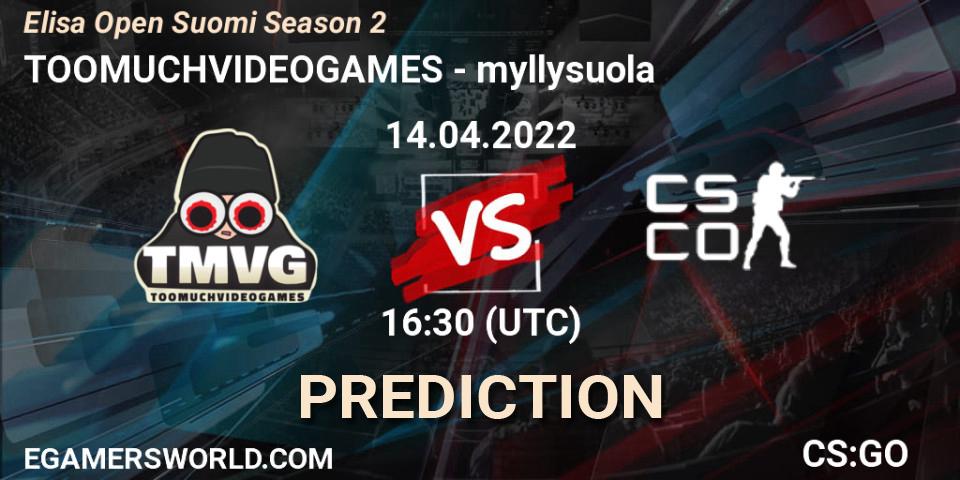 Prognose für das Spiel TOOMUCHVIDEOGAMES VS myllysuola. 14.04.2022 at 16:30. Counter-Strike (CS2) - Elisa Open Suomi Season 2