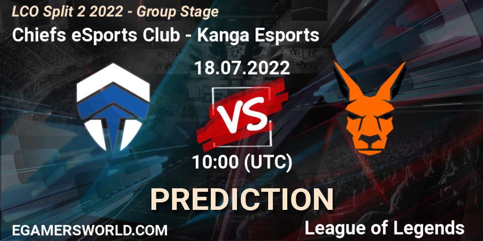 Prognose für das Spiel Chiefs eSports Club VS Kanga Esports. 18.07.2022 at 10:00. LoL - LCO Split 2 2022 - Group Stage