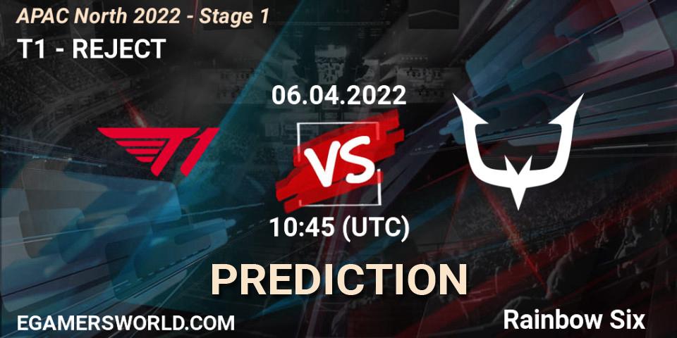 Prognose für das Spiel T1 VS REJECT. 06.04.2022 at 10:45. Rainbow Six - APAC North 2022 - Stage 1