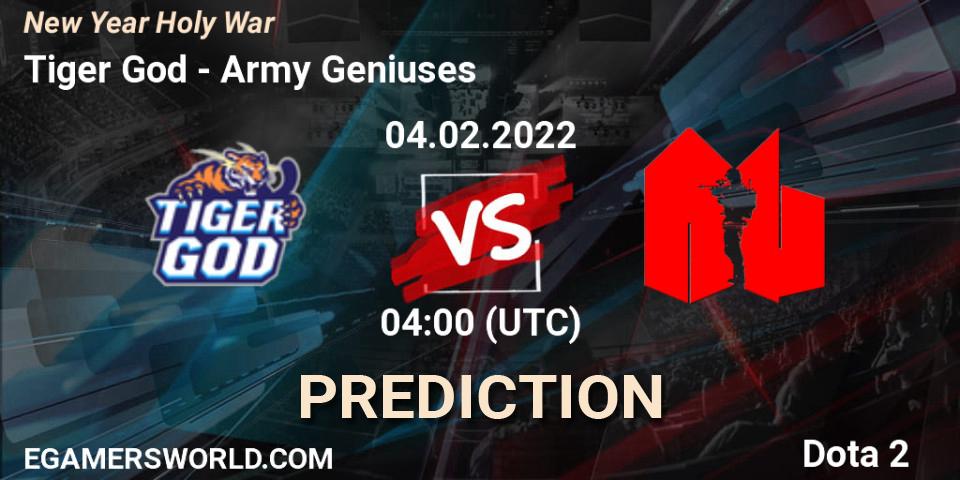 Prognose für das Spiel Tiger God VS Army Geniuses. 04.02.2022 at 04:20. Dota 2 - New Year Holy War