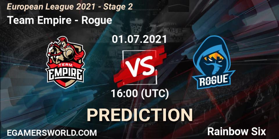 Prognose für das Spiel Team Empire VS Rogue. 01.07.2021 at 16:00. Rainbow Six - European League 2021 - Stage 2