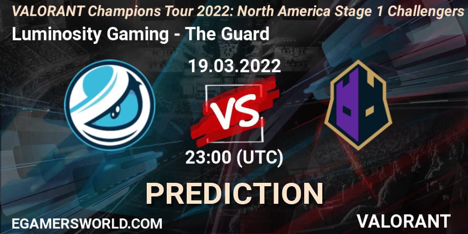Prognose für das Spiel Luminosity Gaming VS The Guard. 19.03.2022 at 23:00. VALORANT - VCT 2022: North America Stage 1 Challengers