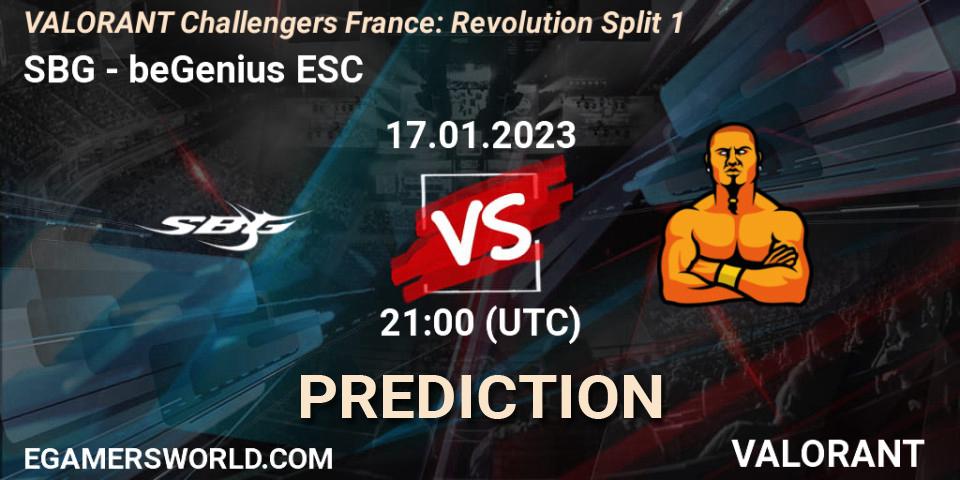 Prognose für das Spiel SBG VS beGenius ESC. 17.01.2023 at 21:30. VALORANT - VALORANT Challengers 2023 France: Revolution Split 1