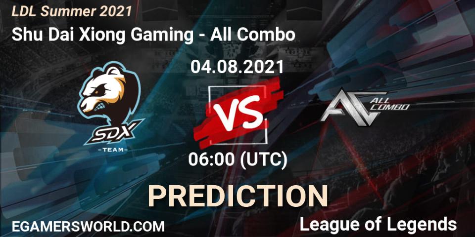 Prognose für das Spiel Shu Dai Xiong Gaming VS All Combo. 04.08.2021 at 06:00. LoL - LDL Summer 2021