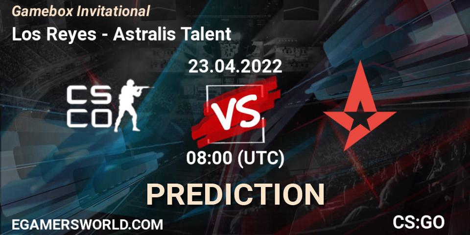 Prognose für das Spiel Los Reyes VS Astralis Talent. 23.04.2022 at 10:00. Counter-Strike (CS2) - Gamebox Invitational 2022