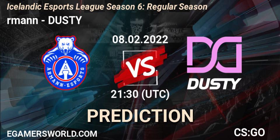Prognose für das Spiel Ármann VS DUSTY. 08.02.2022 at 21:30. Counter-Strike (CS2) - Icelandic Esports League Season 6: Regular Season