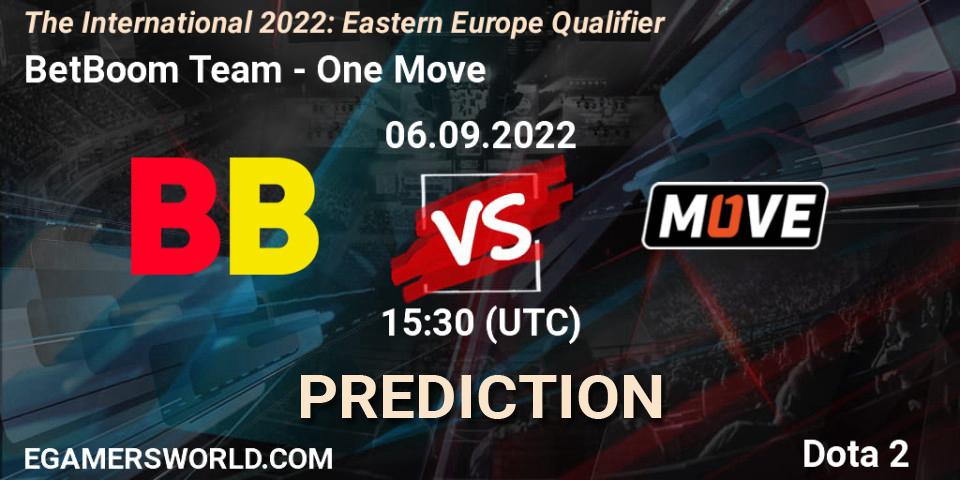 Prognose für das Spiel BetBoom Team VS One Move. 06.09.2022 at 15:31. Dota 2 - The International 2022: Eastern Europe Qualifier