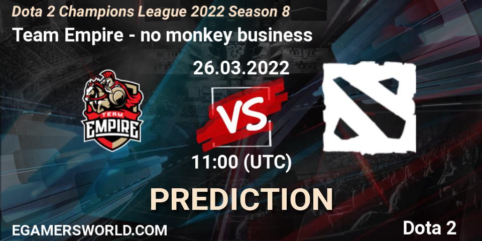 Prognose für das Spiel Team Empire VS no monkey business. 26.03.2022 at 11:09. Dota 2 - Dota 2 Champions League 2022 Season 8