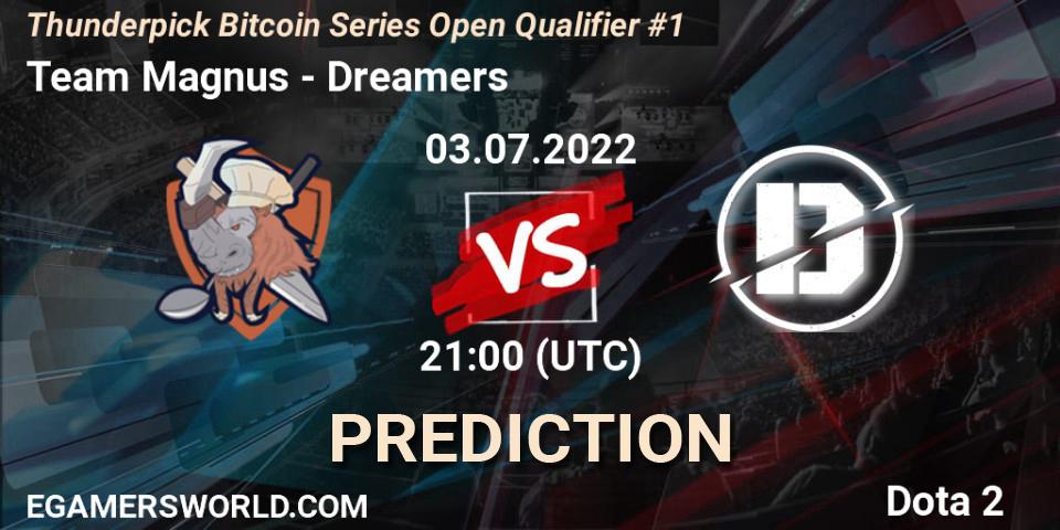 Prognose für das Spiel Team Magnus VS Dreamers. 03.07.2022 at 21:06. Dota 2 - Thunderpick Bitcoin Series Open Qualifier #1