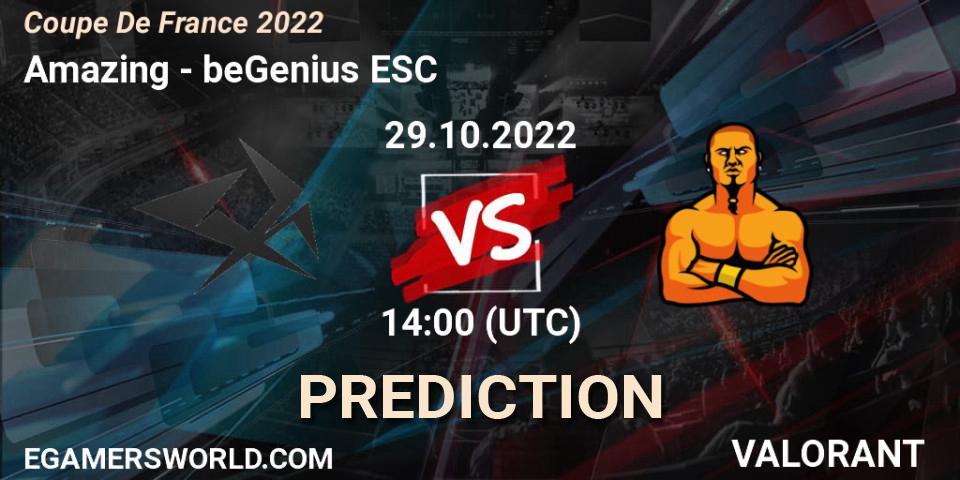Prognose für das Spiel Amazing VS beGenius ESC. 29.10.2022 at 14:00. VALORANT - Coupe De France 2022