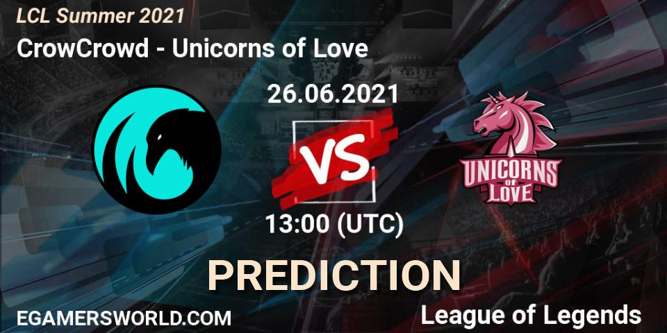 Prognose für das Spiel CrowCrowd VS Unicorns of Love. 26.06.2021 at 13:00. LoL - LCL Summer 2021