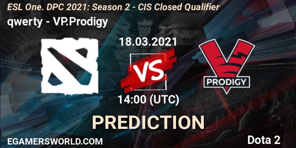 Prognose für das Spiel qwerty VS VP.Prodigy. 18.03.21. Dota 2 - ESL One. DPC 2021: Season 2 - CIS Closed Qualifier