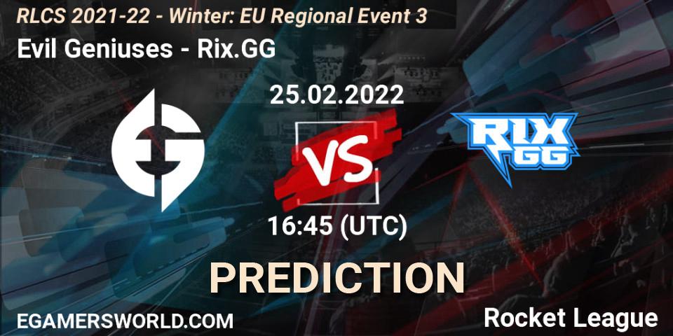 Prognose für das Spiel Evil Geniuses VS Rix.GG. 25.02.2022 at 16:45. Rocket League - RLCS 2021-22 - Winter: EU Regional Event 3