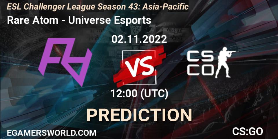 Prognose für das Spiel Rare Atom VS Universe Esports. 02.11.2022 at 12:00. Counter-Strike (CS2) - ESL Challenger League Season 43: Asia-Pacific