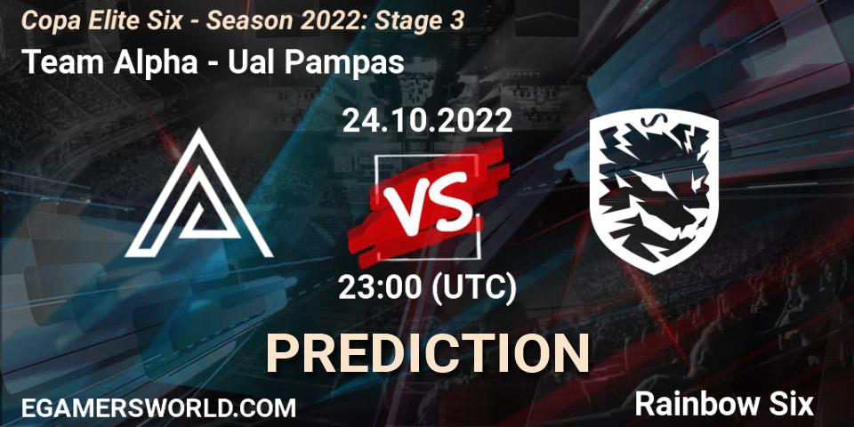 Prognose für das Spiel Team Alpha VS Ualá Pampas. 24.10.2022 at 23:00. Rainbow Six - Copa Elite Six - Season 2022: Stage 3