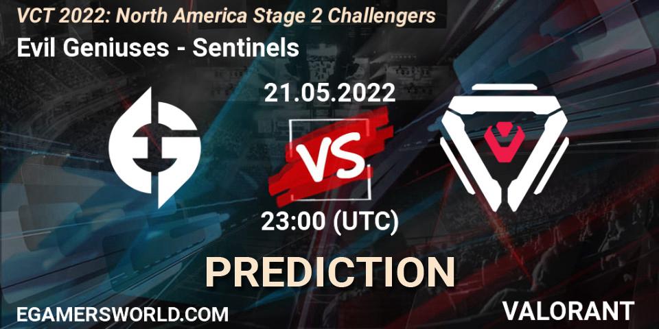 Prognose für das Spiel Evil Geniuses VS Sentinels. 21.05.2022 at 22:45. VALORANT - VCT 2022: North America Stage 2 Challengers