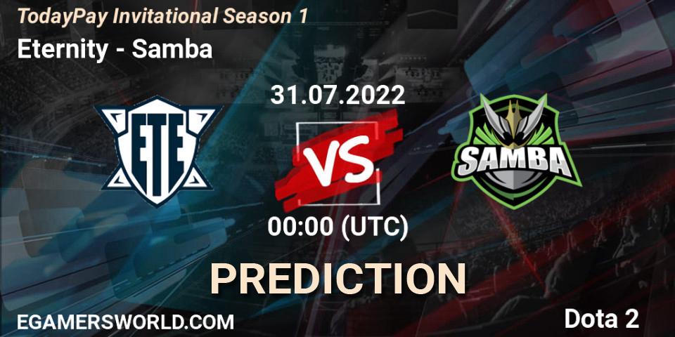 Prognose für das Spiel Eternity VS Samba. 31.07.2022 at 01:06. Dota 2 - TodayPay Invitational Season 1