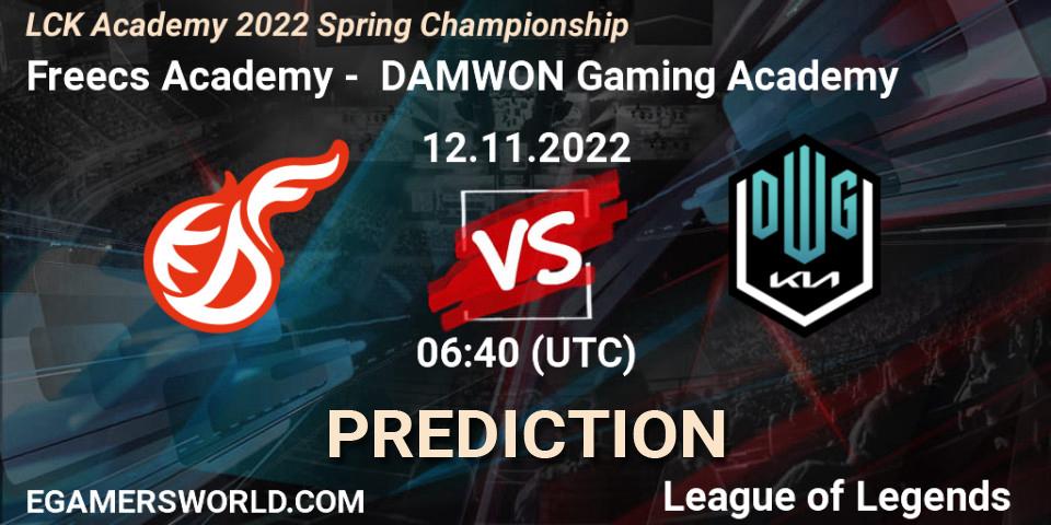 Prognose für das Spiel Freecs Academy VS DAMWON Gaming Academy. 12.11.2022 at 06:40. LoL - LCK Academy 2022 Spring Championship