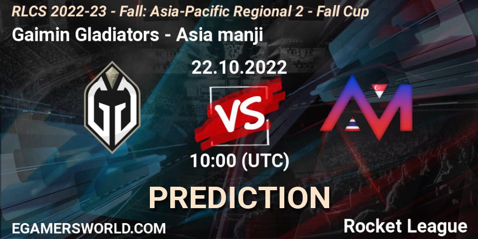 Prognose für das Spiel Gaimin Gladiators VS Asia manji. 22.10.2022 at 10:00. Rocket League - RLCS 2022-23 - Fall: Asia-Pacific Regional 2 - Fall Cup