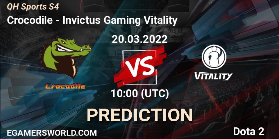 Prognose für das Spiel Crocodile VS Invictus Gaming Vitality. 20.03.2022 at 08:28. Dota 2 - QH Sports S4