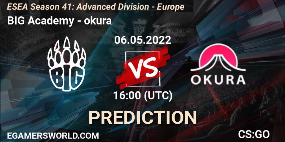 Prognose für das Spiel BIG Academy VS okura. 06.05.2022 at 16:00. Counter-Strike (CS2) - ESEA Season 41: Advanced Division - Europe