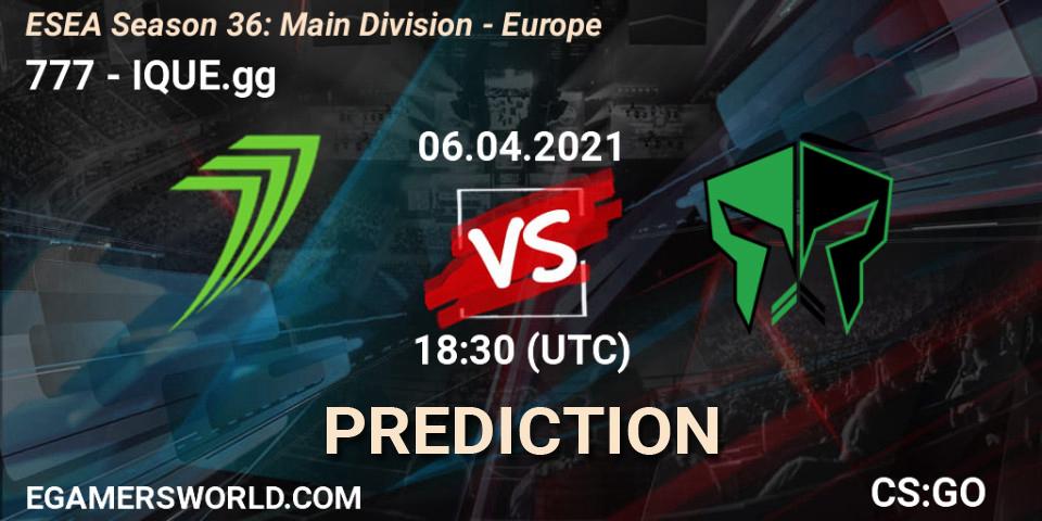 Prognose für das Spiel 777 VS IQUE.gg. 05.04.2021 at 16:00. Counter-Strike (CS2) - ESEA Season 36: Main Division - Europe