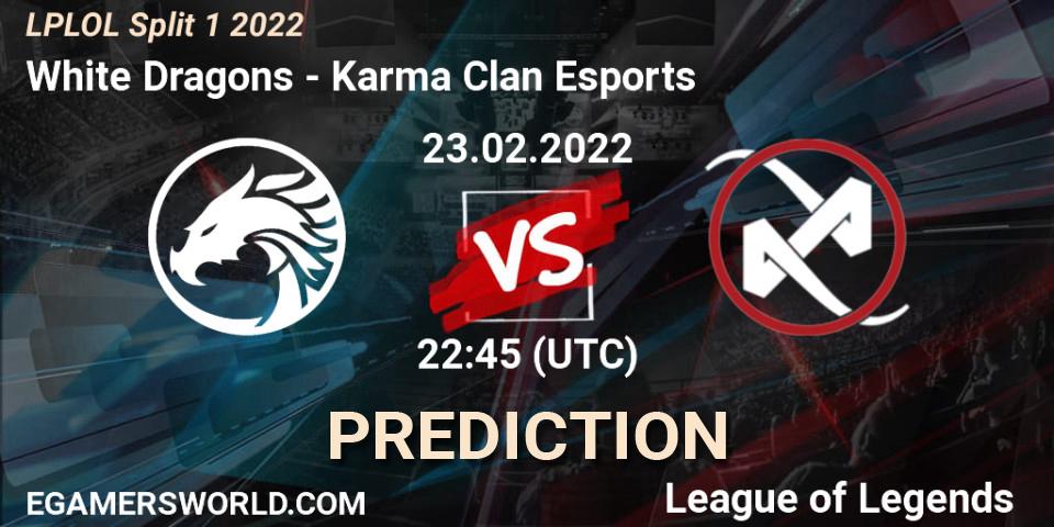 Prognose für das Spiel White Dragons VS Karma Clan Esports. 23.02.2022 at 22:45. LoL - LPLOL Split 1 2022
